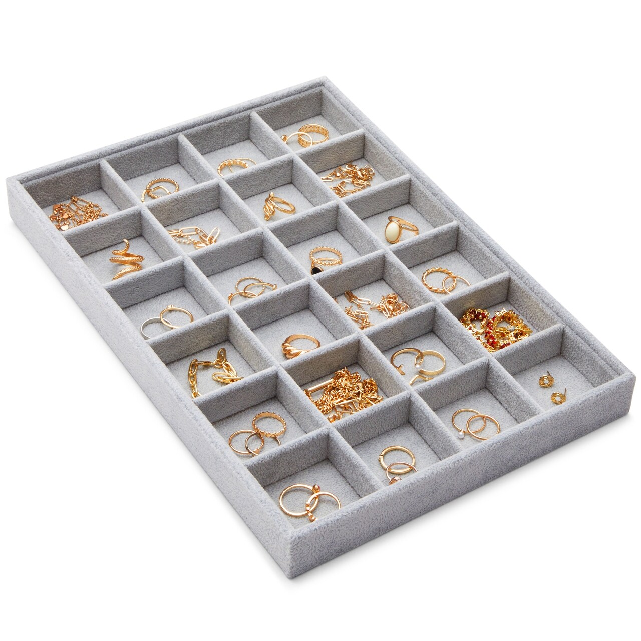 Velvet Jewelry Organizer Tray for Earrings, Stackable 24 Grid Storage for Rings (Gray, 14x10 in)